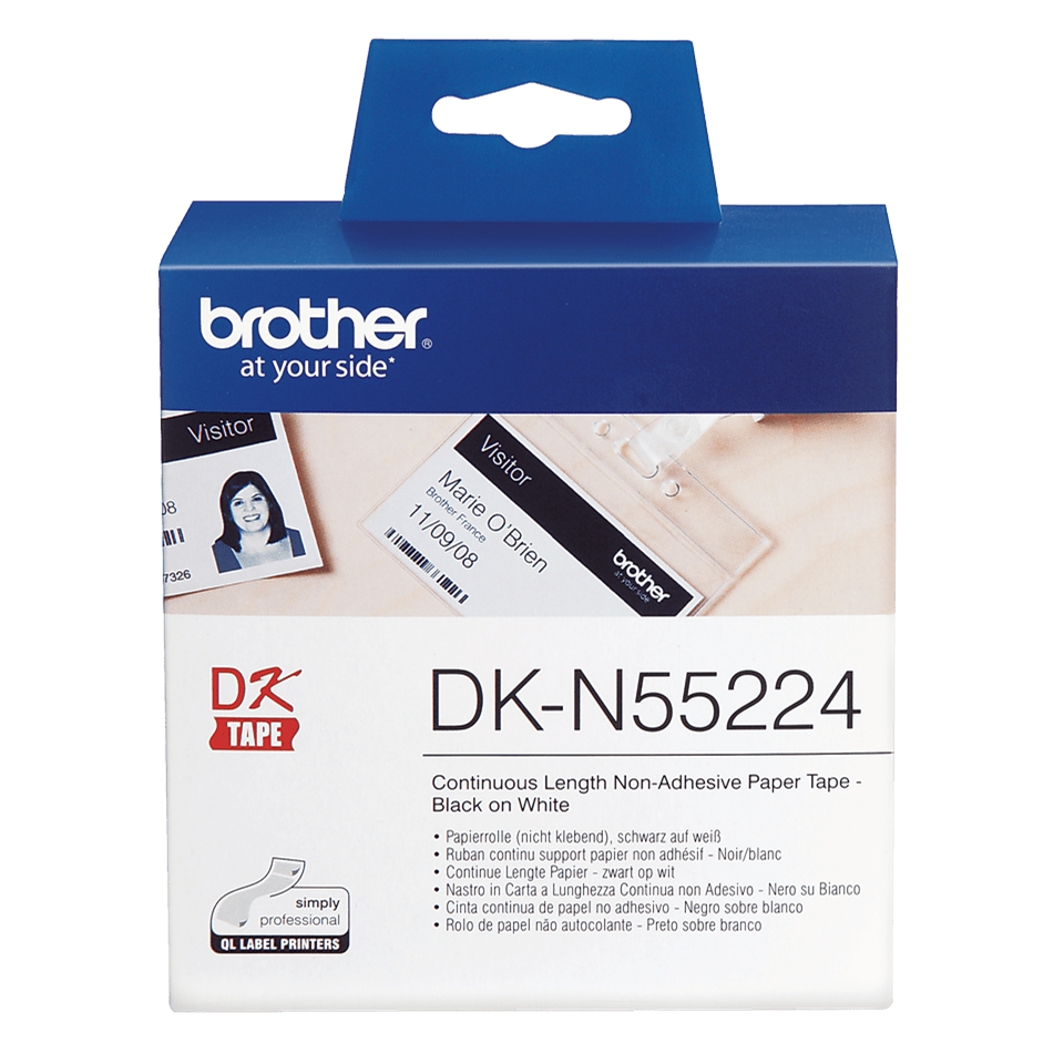 Brother DKN55224 - Etiquetas No Adhesivas Originales de Tamaño personalizado - Ancho 54mm x 30,48 metros - Texto negro sobre fondo blanco