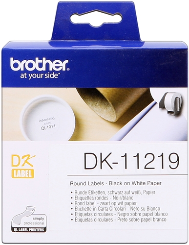 Brother DK11219 - Etiquetas Originales Precortadas Circulares - 12 mm de Diametro - 1200 Unidades - Texto negro sobre fondo blanco