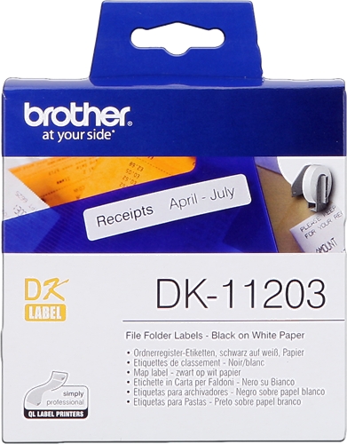 Brother DK11203 - Etiquetas Originales Precortadas para Carpetas - 17x87 mm - 300 Unidades - Texto negro sobre fondo blanco