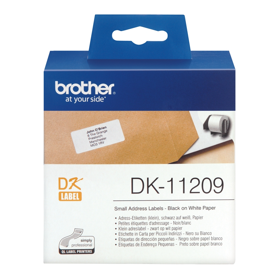 Brother DK11209 - Etiquetas Originales Precortadas de Direccion Pequeñas - 29x62 mm - 800 Unidades - Texto negro sobre fondo blanco