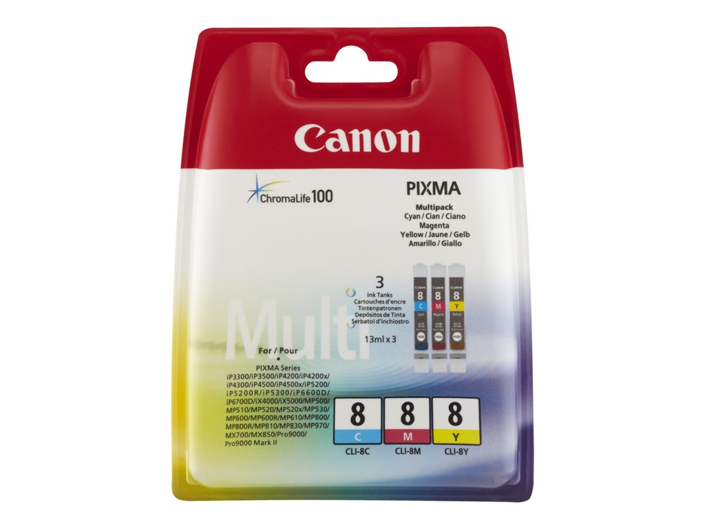 Canon CLI8 Pack de 3 Cartuchos de Tinta Originales - Cian, Magenta, Amarillo - 0621B029